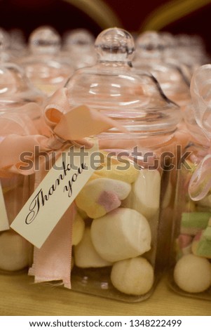 Marshmallow sweets in a jar with Thank You message as a birthday return sweet treat