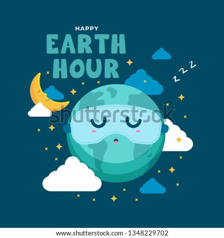 Earth hour day background. Cute cartoon of crescent moon and earth sleep with sleeping mask. Flat vector design for poster, web, mobile, background, social media post.