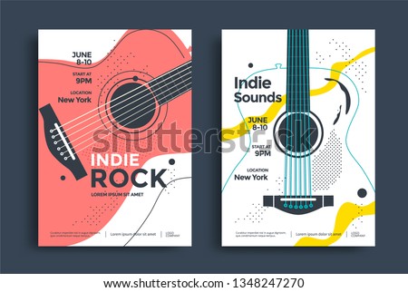 Indie Rock Poster design template with the stylized acoustic guitar. Music festival pop punk flyer design in minimalist style.