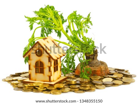 wooden house and green tops vegetables on a pile of Russian gold rubles