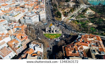 Aerial view of the Puerta de Alcalá, Neo-classical monument in the Plaza de la Independencia in Madrid, Spain.One of Madrid's most famous landmarks