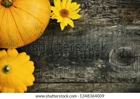 Yellow pattypan and pumpkins decorated sunflower, summer fresh vegetables on old wooden board