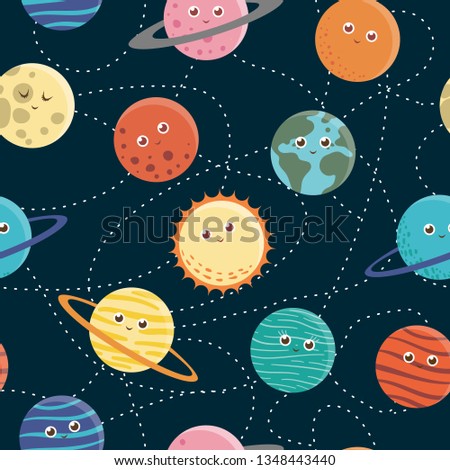 Vector seamless pattern of planets for children. Bright and cute flat illustration of smiling earth,sun,moon,venus,mars,Jupiter,mercury,Saturn,neptun on dark blue background. Space picture for kids