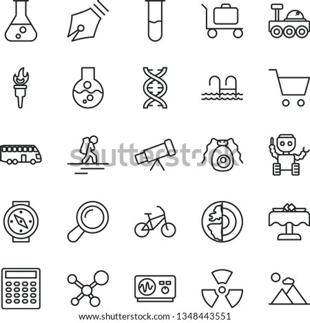 thin line vector icon set - flask vector, test tube, telescope, molecule, nuclear, zoom, dna, bactery, oscilloscope, calculator, earth core, robot, lunar rover, ink pen, flame torch, bus, bike, pool