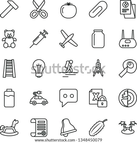 thin line vector icon set - bell vector, matte light bulb, scissors, clip, teddy bear, rocking horse, stepladder, hammer, persimmon, cucumber, charge level, electric car, Measuring compasses, jar