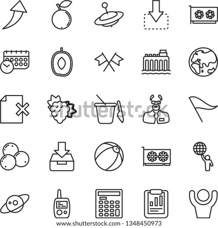 thin line vector icon set - wind direction indicator vector, baby bath ball, toy mobile phone, children's sand set, yule, put in a box, delete page, move down, branch of grape, blueberry, planet