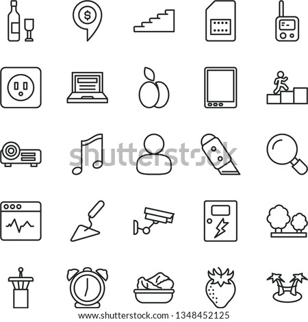 thin line vector icon set - laptop vector, toy phone, building trowel, power socket type b, dangers, knife, magnifier, alarm clock, music, cardiogram, lettuce in a plate, apple, strawberry, trees