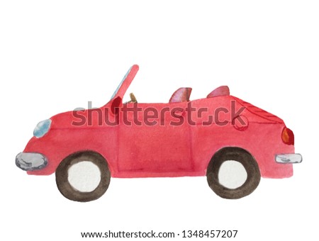 watercolor red cabriolet car with brown wheels, open roof on a white background for the design of cards, invitations, posters