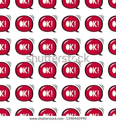 Seamless pattern. Infinitely repetitive texture with red  speech bubbles Ok. Hand drawn vector illustration 