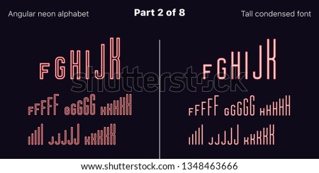 Condensed Red neon font, Angular. Vector typefaces in outlined and filled styles, Part 2 of 8. Neon uppercase alphabet with narrow letters, numbers and symbols. For banner and display headlines