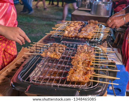 Close up Thai style Grill Beef skewer street Food in Thailand