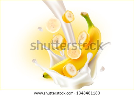 3d. Splash of Banana Milk. 3d.Vector image of a Banana.Realistic yellow Banana on the White background.Slices, pieces. Royalty-Free Stock Photo #1348481180