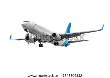 Airplane with two turbofan engines, landing gear and blue winglets, isolated on white Royalty-Free Stock Photo #1348504832
