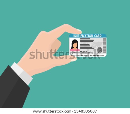 Illustration of hand holding the id card. Vector illustration flat design. The idea of personal identity. ID card, Identification card, identity verification, person data. 