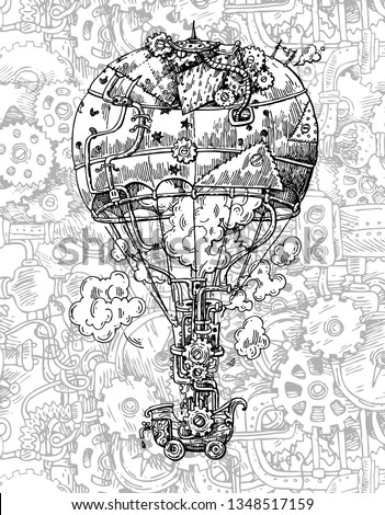 Hand drawn vector sketch illustration vintage aircraft. Steampunk style. Mechanical drawing.