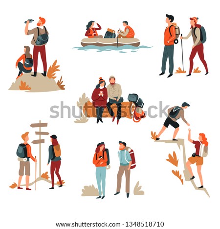 Traveling couple hiking man and woman active lifestyle outdoor activity vector walking trip mountains or cliff river rafting inflatable boat backpack and tent camping backpacking boyfriend girlfriend Royalty-Free Stock Photo #1348518710