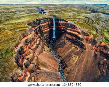 Aerial view Icelandic summer landscape of the Aldeyjarfoss waterfall in north Iceland. The waterfall is situated in the northern part of the Sprengisandur Road within the Highlands of Iceland.