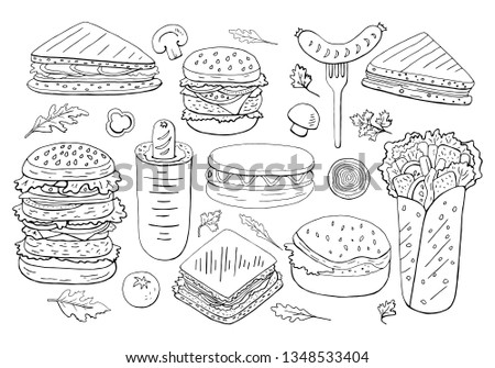 Set of differen burgers and sandwiches black and white isolated on white. Street food collection
