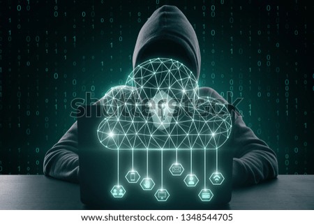 Hacker using laptop with digital polygonal cloud and binary code. Cloud computing and hacking concept. Double exposure 