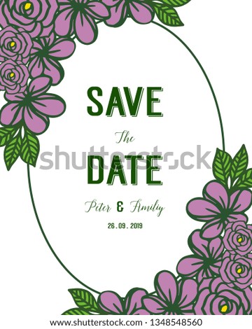Vector illustration wedding date card with various design purple wreath frame hand drawn