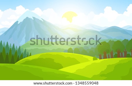 Summer mountain landscape. Green valley vector illustration.