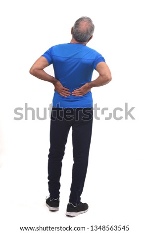 full portrait of the back of a man with pain in the back on white background
