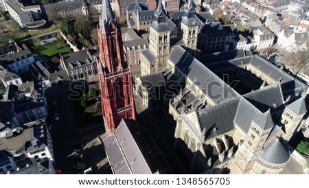 Aerial picture of downtown Maastricht Saint John's tower and Basilica of St. Servatius is Roman Catholic church in old city centre located at towns main square the Vrijthof