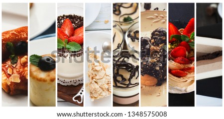 Collage of various delicious sweets and desserts, restaurant menu composition Royalty-Free Stock Photo #1348575008