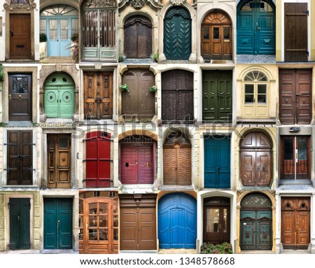 Photo collage of 32 vintage colorful front doors