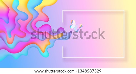 Summer spring bright rainbow layered banner with a butterfly and train of flowing gradient forms with space for advertising text, top view, vector illustration