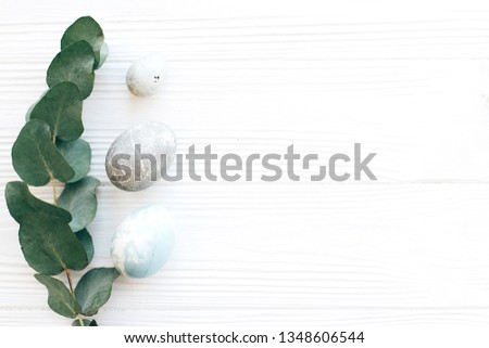 Stylish Easter eggs with eucalyptus branch on white wooden background. Flat lay with copy space. Modern pastel eggs painted with natural dye. Happy Easter, greeting card