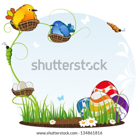 Funny birds and Easter eggs on floral  background