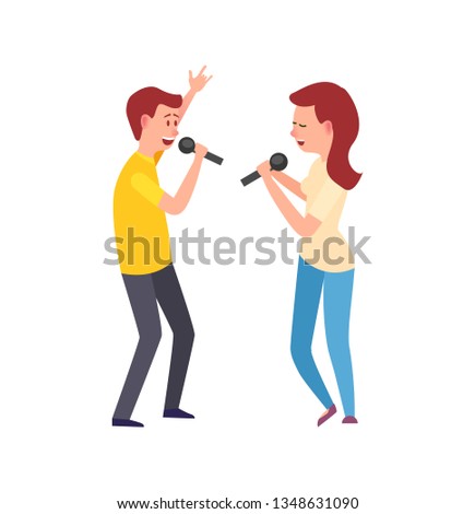 Music performers, singing characters man and woman vector. Lady and gentleman holding microphones, vocalists entertaining, girl and boy leisure hobby