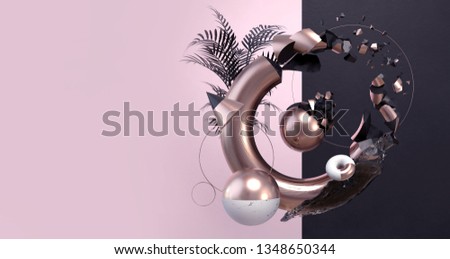 3D Render of Abstract Geometric Background with Floating Primitive Shapes. Modern Minimalistic Studio Composition. Trendy Backdrop with Copy Space for Landing Page, Showcase, Product Presentation.