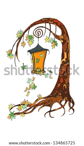 Fairy Tree with flashlight and butterflies, design element.
