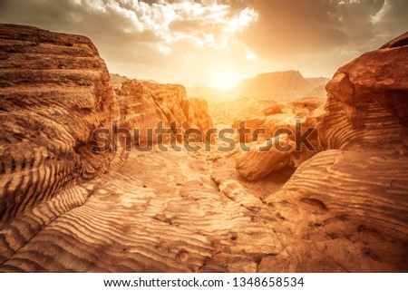 Detail of sandstone rocks in the light of sunset, path of the Nabataeans, picturesque landscape located in Petra, Jordan.