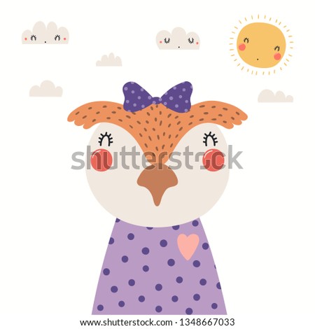 Hand drawn portrait of a cute owl in shirt and ribbon, with sun and clouds. Vector illustration. Isolated objects on white background. Scandinavian style flat design. Concept for children print.