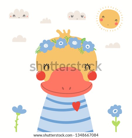 Hand drawn portrait of a cute duck in shirt and flower wreath, with sun, clouds. Vector illustration. Isolated objects on white background. Scandinavian style flat design. Concept for children print.