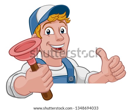 Plumber or handyman cartoon mascot holding a plumbing drain or toilet plunger. Peeking over a sign and giving a thumbs up.