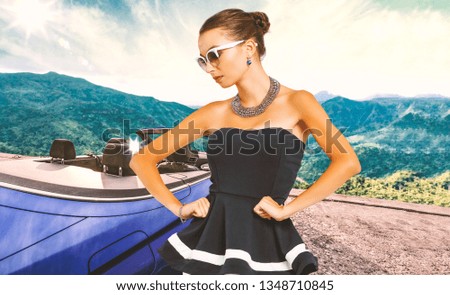 Slim young woman and summer car with mountains landscape 