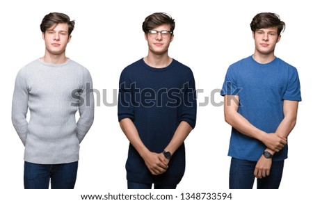 Collage of young man over white isolated background Relaxed with serious expression on face. Simple and natural looking at the camera.