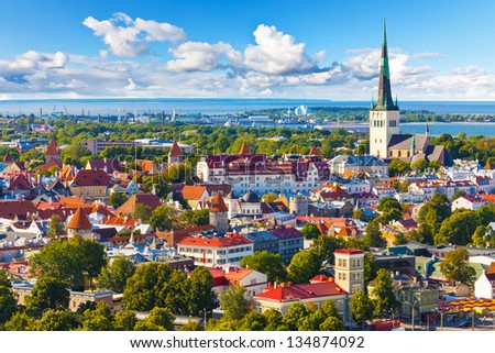 Scenic summer aerial panorama of the Old Town in Tallinn, Estonia Royalty-Free Stock Photo #134874092