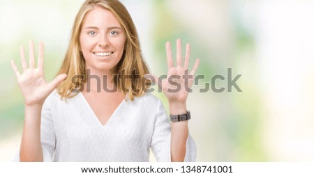 Beautiful young elegant woman over isolated background showing and pointing up with fingers number ten while smiling confident and happy.