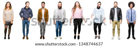 Collage of people over white isolated background making fish face with lips, crazy and comical gesture. Funny expression.