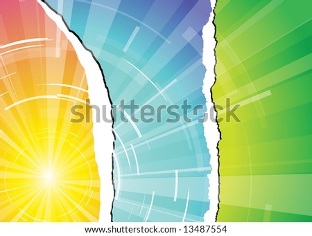 The hot summer sun with blue sky and green ground made from teared paper