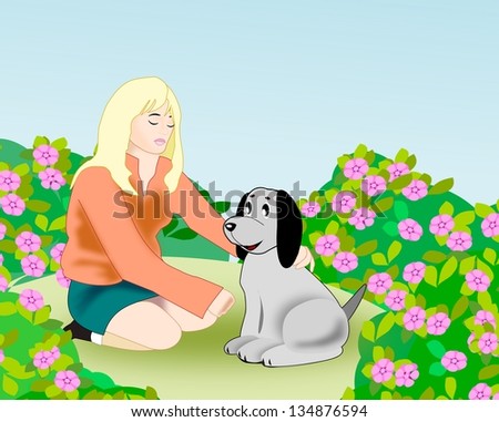 A blonde girl sitting and patting a dog.
