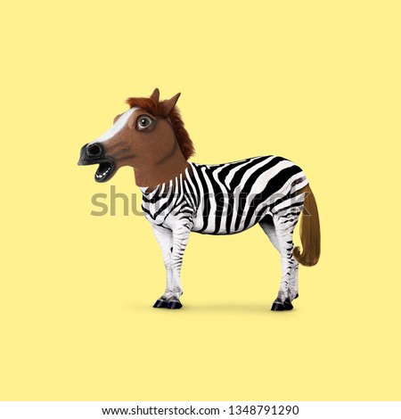Contemporary art collage. Concept zebra with horse head.
