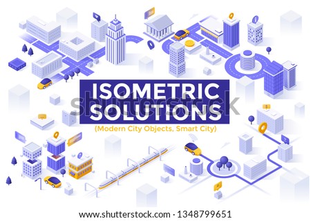 Collection of isometric symbols or objects isolated on white background - modern smart city, urban planning and development, transportation, infrastructure buildings. Creative vector illustration. Royalty-Free Stock Photo #1348799651