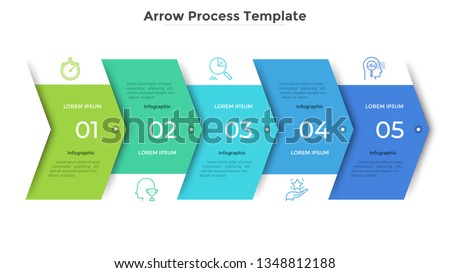 Horizontal progress bar with 5 overlapped arrow-like elements. Concept of 5 steps of business strategy and development. Clean infographic design template. Modern vector illustration for presentation. Royalty-Free Stock Photo #1348812188