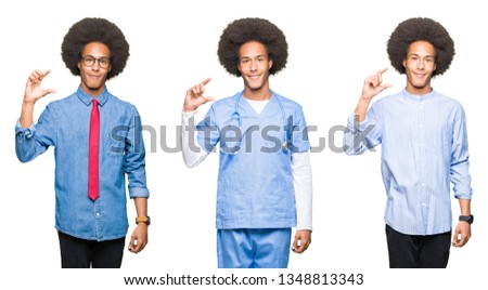 Collage of young man with afro hair over white isolated background smiling and confident gesturing with hand doing size sign with fingers while looking and the camera. Measure concept.